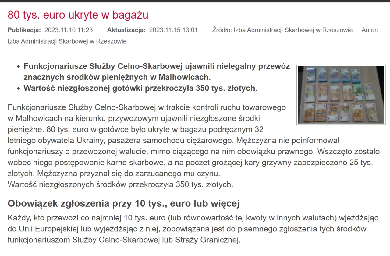 Przewóz gotówki przez granicę Polski: limit 10 000 euro i zasady